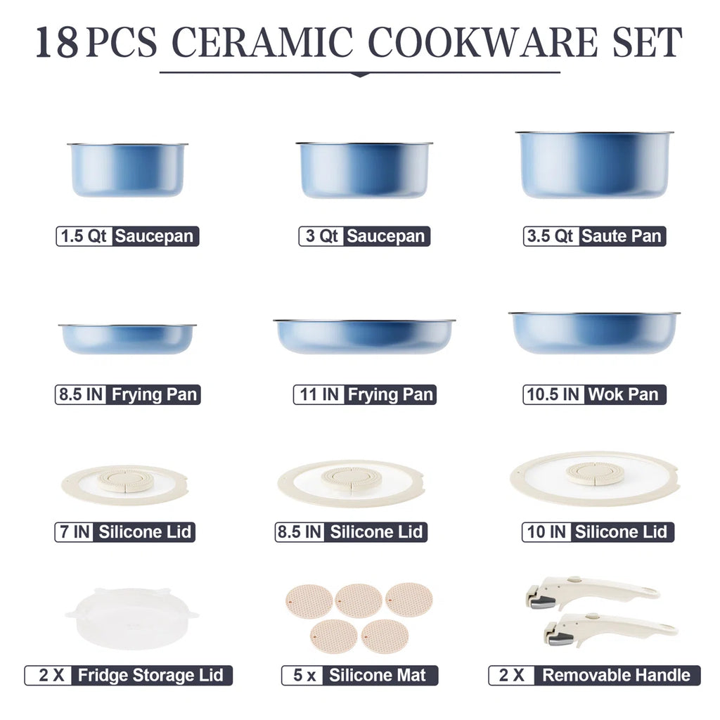 CAANNASWEIS 13 Pieces Ceramic Pots and Pans Set Detachable Handle Nonstick Cookware Sets