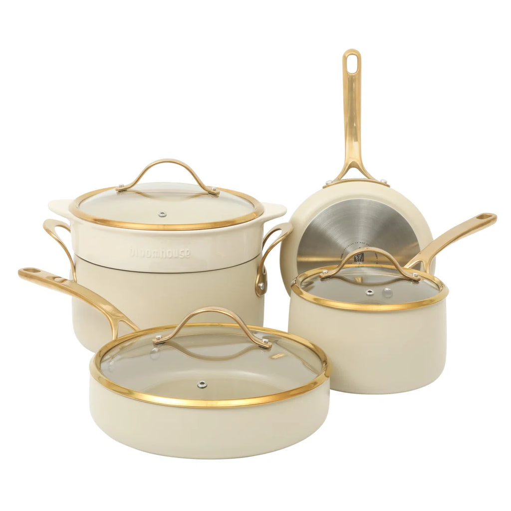 Bloomhouse 8 Piece Pots and Pans Heavy Duty Aluminum Premium PFA Free Ceramic Nonstick Dutch Oven Pot with Lid - with Gold Handle