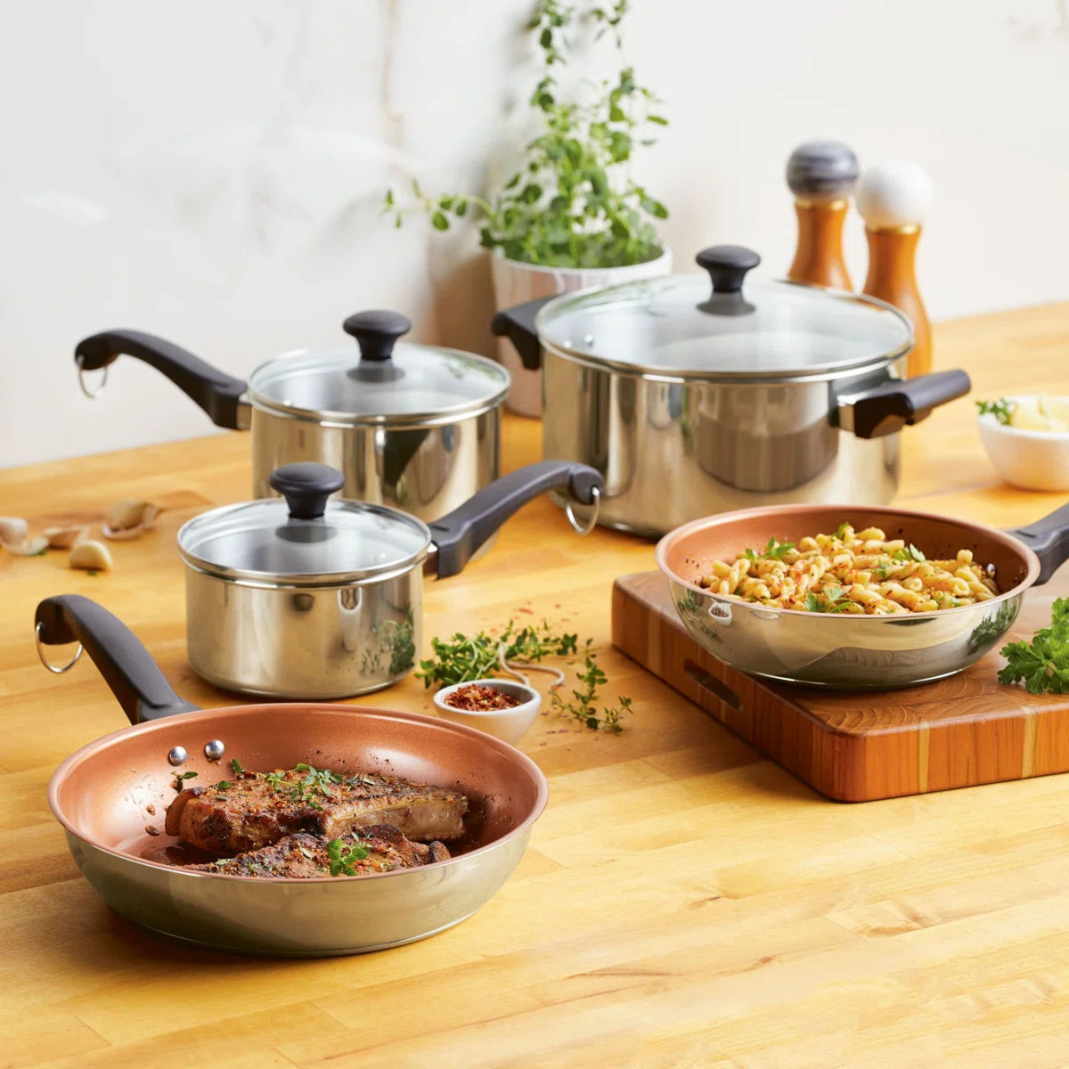 Farberware Classic Traditions Stainless Steel Pots And Ceramic Nonstick Pans Set, 12 Piece, Silver